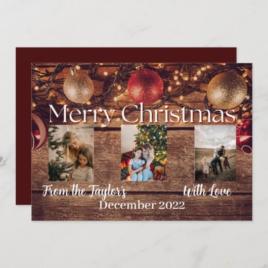 Kerstfotokaart met achtergrond hout feestdagenkaart (Voorkant / Achterkant)