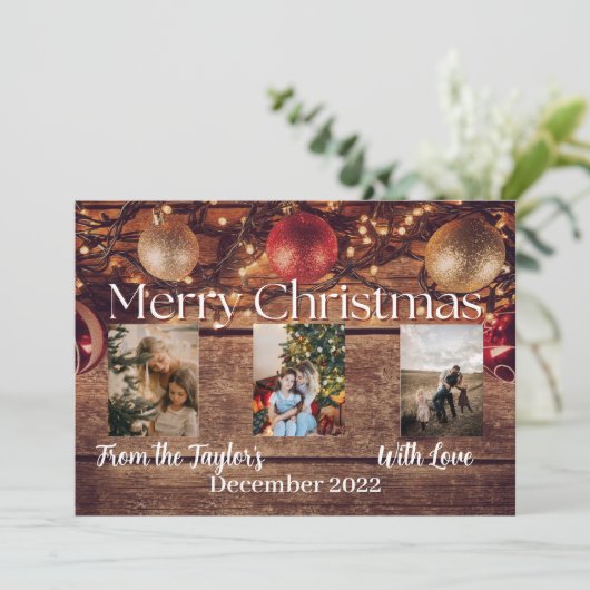 Kerstfotokaart met achtergrond hout feestdagenkaart (Staand voorkant)