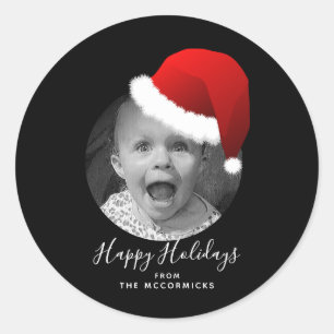 Kerstfotoscript Prettige feestdagen Santa Hat Ronde Sticker
