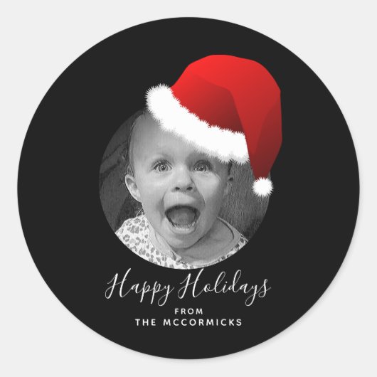 Kerstfotoscript Prettige feestdagen Santa Hat Ronde Sticker (Voorkant)