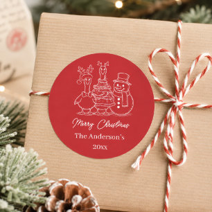 Kerstgans Familie Doodle rood modern Ronde Sticker