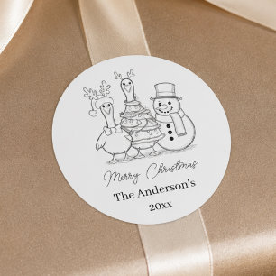 Kerstgans Familie Doodle zwart wit modern Ronde Sticker