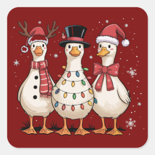 Kerstgans Kerstman Grappig Schattig Sneeuwman Kers Vierkante Sticker