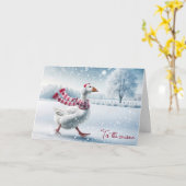 Kerstgans wandelen in sneeuwvlokken kaart (Gele Bloem)