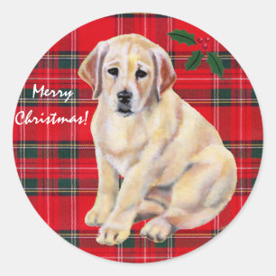 kerstgele labrador puppy Tartan Ronde Sticker