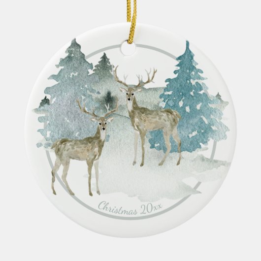 Kerstgepersonaliseerd Woodland Winter Deer Keramisch Ornament (Voorkant)
