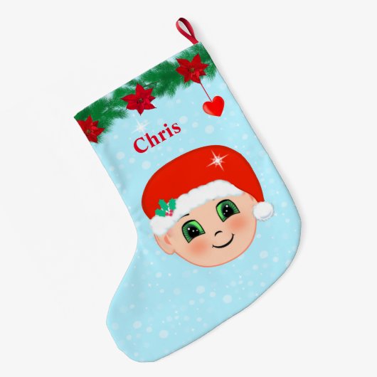 Kerstgezicht, hart, poinsettieten en pijnbomen grote kerstsok (Achterkant (Hangend))