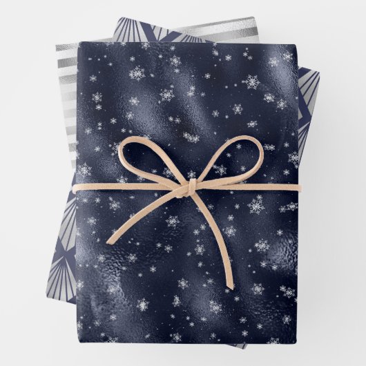 Kerstglam Snowflake Pattern Blue Silver Inpakpapier Vel (In situ)