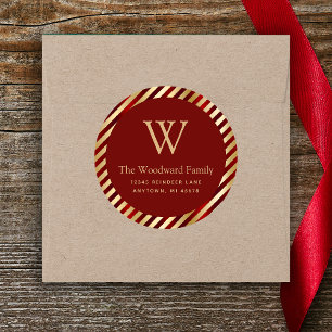 Kerstglam Stripes Red Gold-adres Ronde Sticker