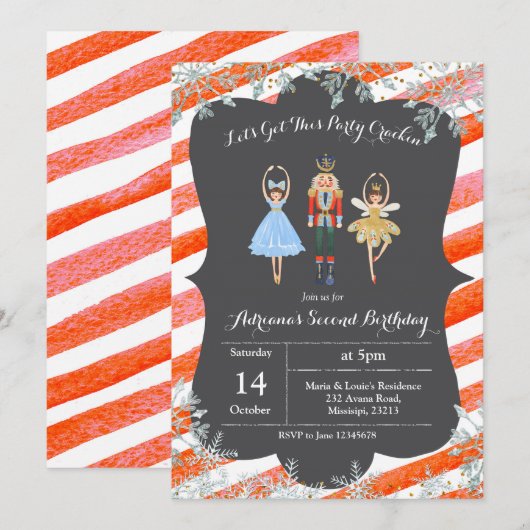 Kerstglitter Birthday Invite Nutkraker Kaart (Voorkant / Achterkant)