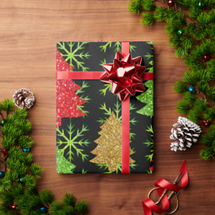 kerstglitterbomen en gouden sneeuwvlokken cadeaupapier