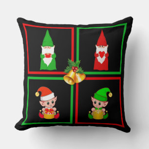Kerstgnomen & elfen op zwart, groen & rood kussen