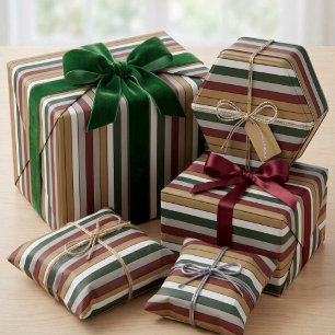 Kerstgoud Groen Rood Zilver en Witte Strepen Cadeaupapier