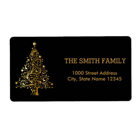Kerstgoudboom met zwarte achtergrond etiket (Voorkant)