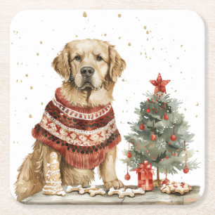 kerstgouden herriever Dog Vierkante Kartonnen Onderzetter