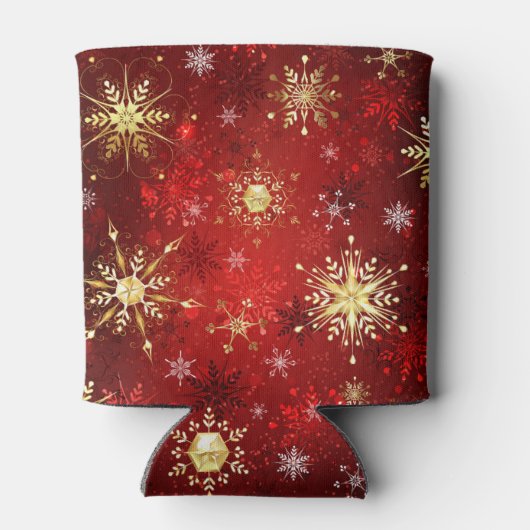 Kerstgouden sneeuwvlokken op rode achtergrond blikjeskoeler (Achterkant)