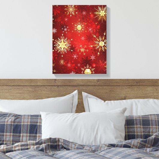 Kerstgouden sneeuwvlokken op rode achtergrond canvas afdruk (Insitu (Slaapkamer))
