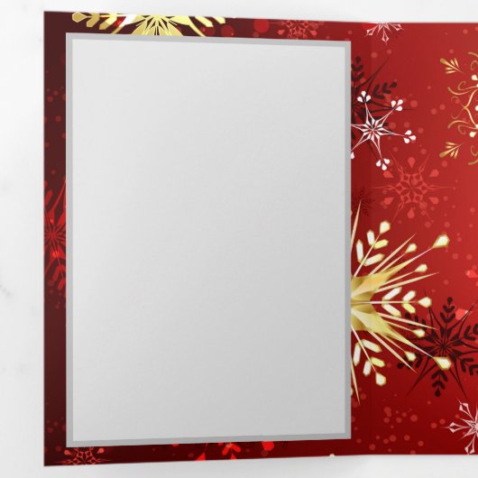 Kerstgouden sneeuwvlokken op rode achtergrond drieluik programma (Binnenzijde eerst)