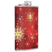 Kerstgouden sneeuwvlokken op rode achtergrond heupfles (Rechts)