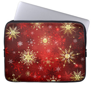 Kerstgouden sneeuwvlokken op rode achtergrond laptop sleeve