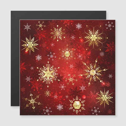 Kerstgouden sneeuwvlokken op rode achtergrond magnetische uitnodiging (Voorkant / Achterkant)