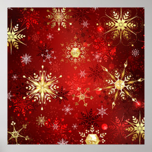 Kerstgouden sneeuwvlokken op rode achtergrond poster