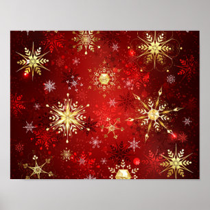 Kerstgouden sneeuwvlokken op rode achtergrond poster