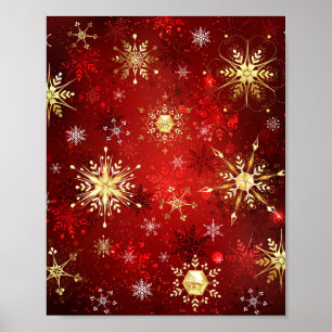 Kerstgouden sneeuwvlokken op rode achtergrond poster