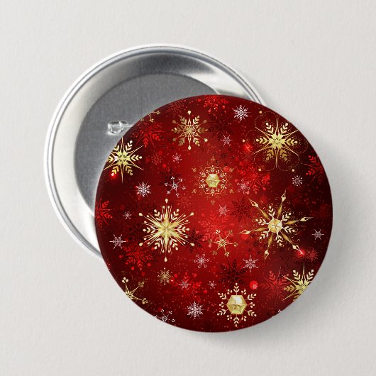 Kerstgouden sneeuwvlokken op rode achtergrond ronde button 7,6 cm (Voorkant /achterkant)