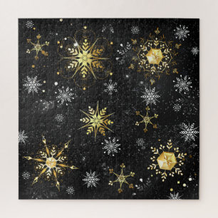 Kerstgouden sneeuwvlokken op zwarte achtergrond legpuzzel
