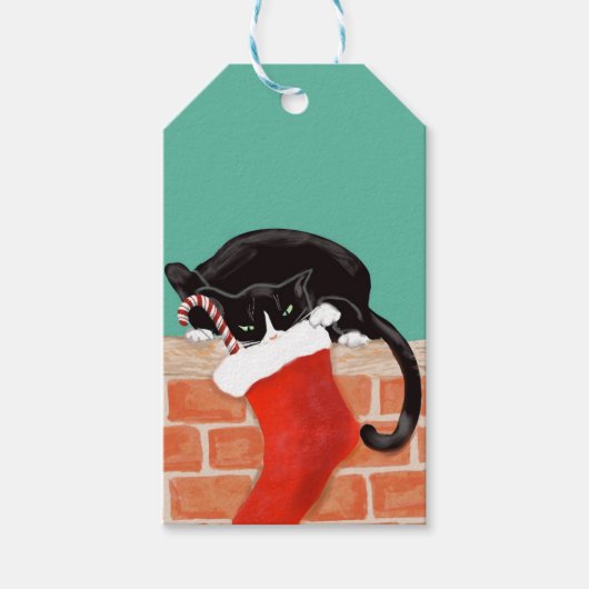 Kerstgrappige kat en staart cadeaulabel (Voorkant)