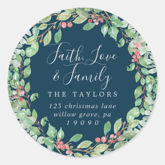KerstGreenery Faith Love & Family Envelope Ronde Sticker (Voorkant)