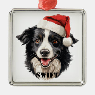 KERSTGRENS COLLIE HOND MET SANTA HAT METALEN ORNAMENT