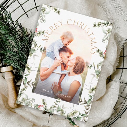 Kerstgroen Bladgoud Glitter Foto Feestdagenkaart