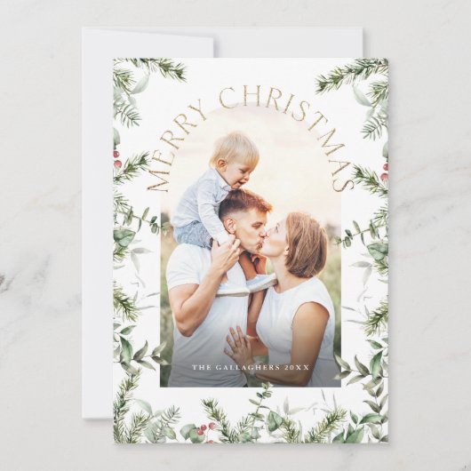 Kerstgroen Bladgoud Glitter Foto Feestdagenkaart (Voorkant)