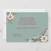 Kerstgroen bladwerk bloem en dennenappels feestdagenkaart (Achterkant)