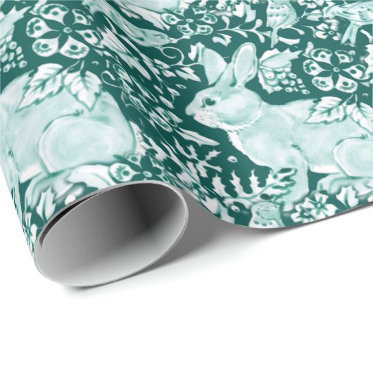 Kerstgroen Bunny Rabbit Bird Woodland Patroon Cadeaupapier (Rol Hoek)