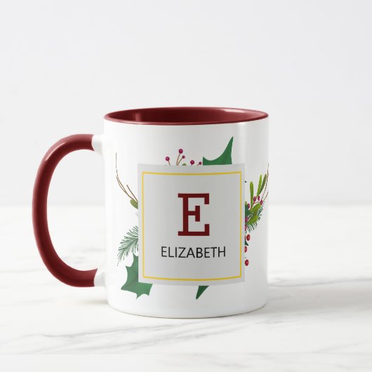 Kerstgroen Elegant Rood Monogram Maroon Mok (Links)