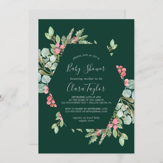 Kerstgroen en rode Berry | Groen Baby shower Kaart (Voorkant / Achterkant)