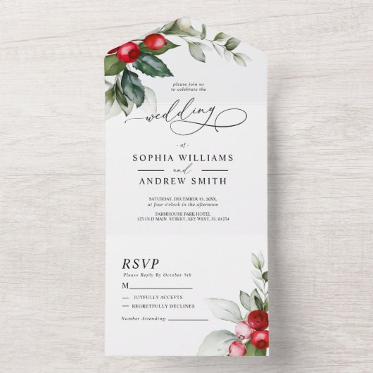 Kerstgroen en rode bessen all in one uitnodiging (Binnen)