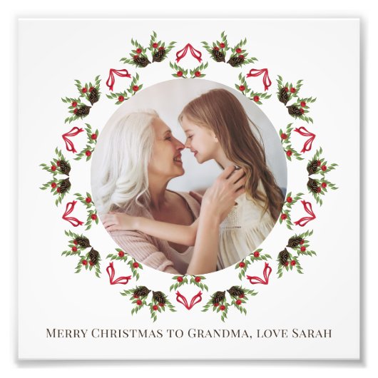 Kerstgroen Holly bessen gebladerte krans Foto Afdruk (Voorkant)