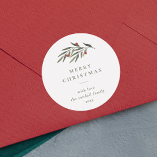 Kerstgroen laat minimale typografie wit ronde sticker
