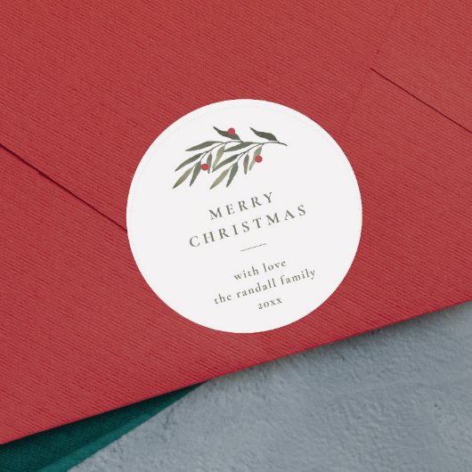 Kerstgroen laat minimale typografie wit ronde sticker