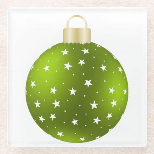 KERSTGROEN MET WITTE STERREN ORNAMENT GLAZEN ONDERZETTER (Voorkant)