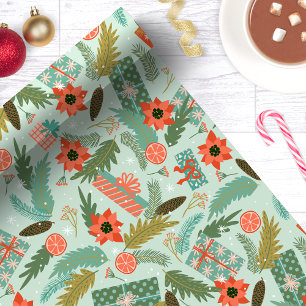 Kerstgroen Poinsettia Munt Botanisch Cadeaupapier