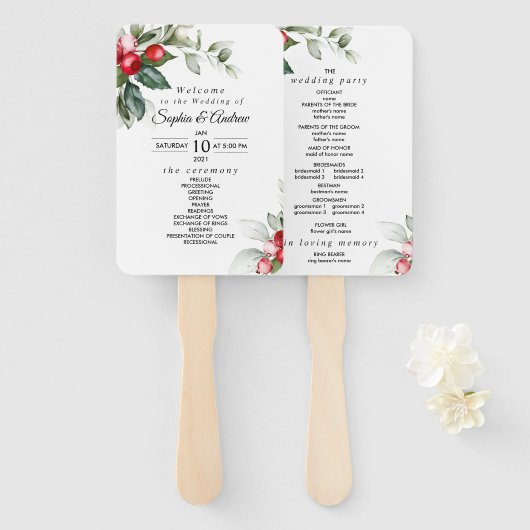 Kerstgroen & rode bessen huwelijksprogramma handwaaier (Voorkant en achterkant)