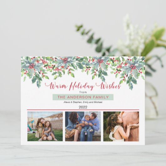 Kerstgroen Warm kerstgroet 3 foto Feestdagenkaart (Staand voorkant)