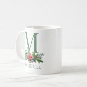 Kerstgroenboeket Bloemige Monogram Naam Koffiemok (Voorkant links)