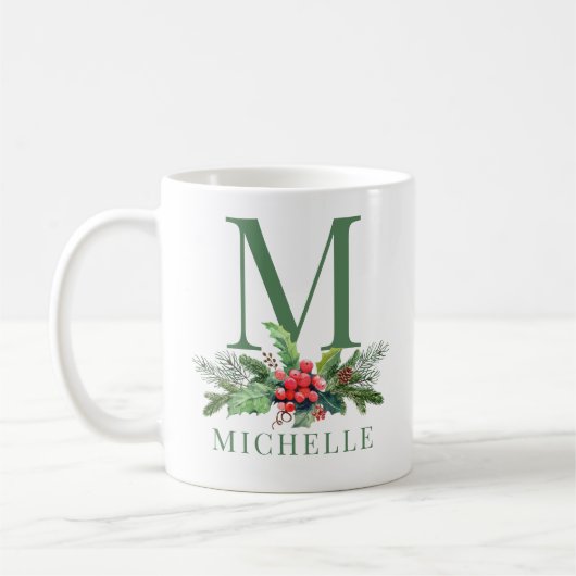 Kerstgroenboeket Bloemige Monogram Naam Koffiemok (Links)
