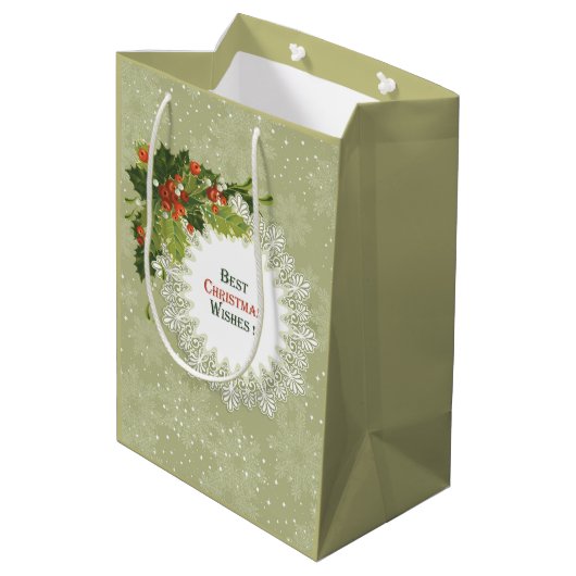 Kerstgroene krans en rode bessen medium cadeauzakje (Achterkant Gekanteld)